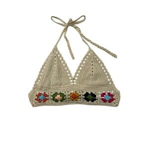 WoWo Women Crochet‎ Halter Top Cream Granny Square Floral Boho Festival Large
